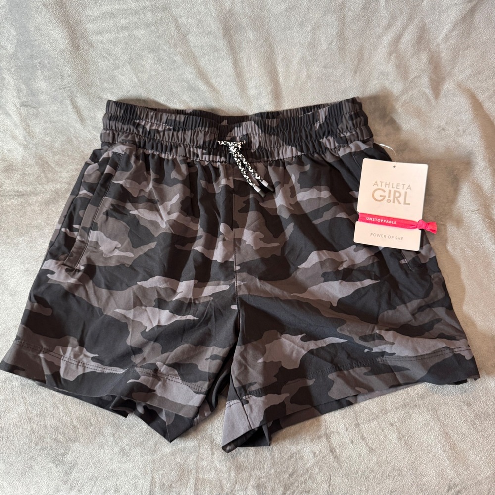 Athleta Girl Kids Play More Short XL 14 Grey Camo Featherweight Stretch Sporty